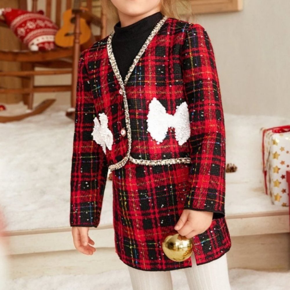 red plaid coord set jacket/ skirt with sequin bows - Picture 4 of 7